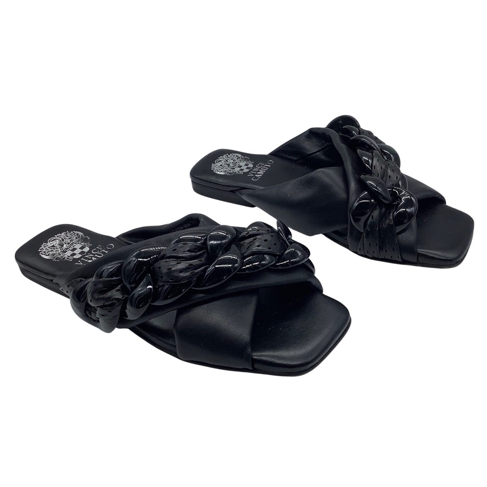 Vince Camuto Black Leather Chunky Chain Link Slide Sandals Square Toe Women 6